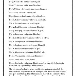 以下が含まれることがあります： サテン刺繍の色と説明が記載されたページ。空色、黒、緑、紫、金黄色、ライラック、ポピーレッド、黄色、パステル、濃い青、薄い灰色、バラ色、オレンジ、濃い緑、チェリーなどの色が含まれています。