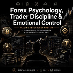 May include: Digital download cover for a trading psychology guide. The title reads "Forex Psychology, Trader Discipline & Emotional Control." The image features a person looking at multiple computer screens displaying financial charts, with the text "Trading Psychology Mastery."