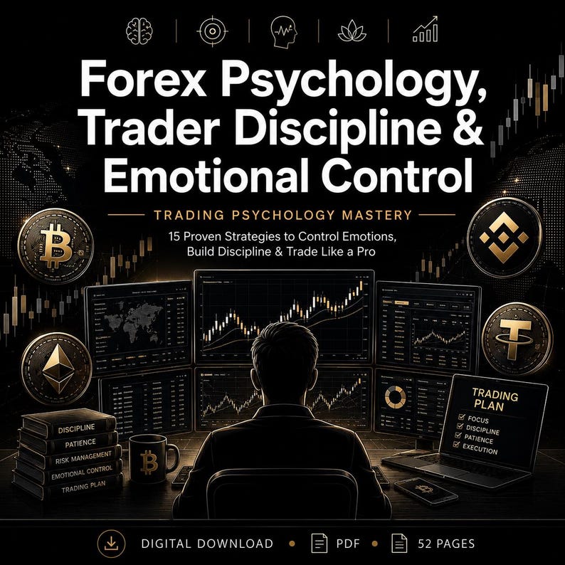 K&ouml;nnte beinhalten: Titelbild f&uuml;r einen digitalen Download f&uuml;r einen Leitfaden zur Handelspsychologie. Der Titel lautet "Forex Psychology, Trader Discipline & Emotional Control". Das Bild zeigt eine Person, die auf mehrere Computerbildschirme mit Finanzdiagrammen blickt.