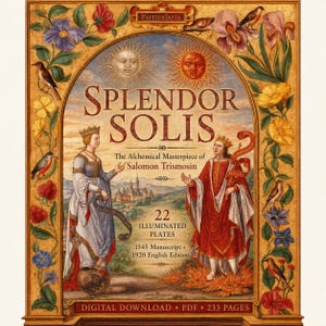May include: A digital download of "Splendor Solis," a book cover with ornate floral borders. The title is in large, ornate letters above the text "The Alchemical Masterpiece of Salomon Trismosin." Two figures in period clothing flank the title, with sun and moon illustrations above.