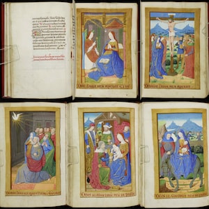 May include: A multi-page illuminated manuscript with vibrant illustrations. The pages feature detailed religious scenes with figures in colorful robes, set against gold backgrounds. Text in Latin is visible.