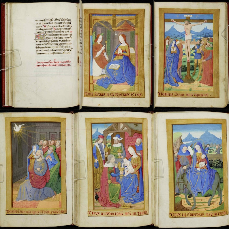 May include: A multi-page illuminated manuscript with vibrant illustrations. The pages feature detailed religious scenes with figures in colorful robes, set against gold backgrounds. Text in Latin is visible.