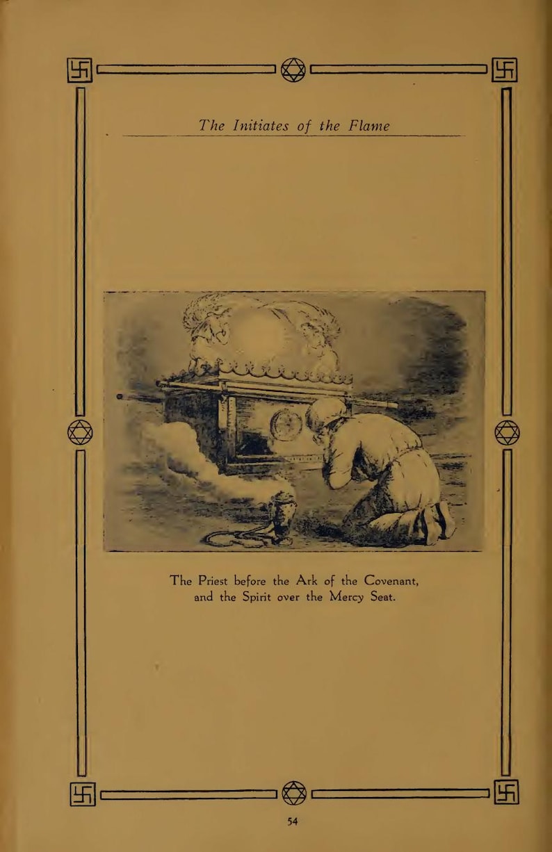 May include: A page from a book with the title "The Initiates of the Flame." The illustration shows a person kneeling before a structure, with smoke rising. The text below reads "The Priest before the Ark of the Covenant, and the Spirit over the Mercy Seat."
