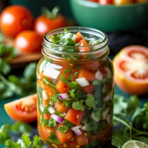 K&ouml;nnte beinhalten: Ein Glas mit frischer Salsa, gef&uuml;llt mit gew&uuml;rfelten Tomaten, roten Zwiebeln und Koriander. Ganze Tomaten und eine Sch&uuml;ssel mit Kirschtomaten sind im Hintergrund. Eine Limettenspalte und Tomatenscheiben sind ebenfalls zu sehen.