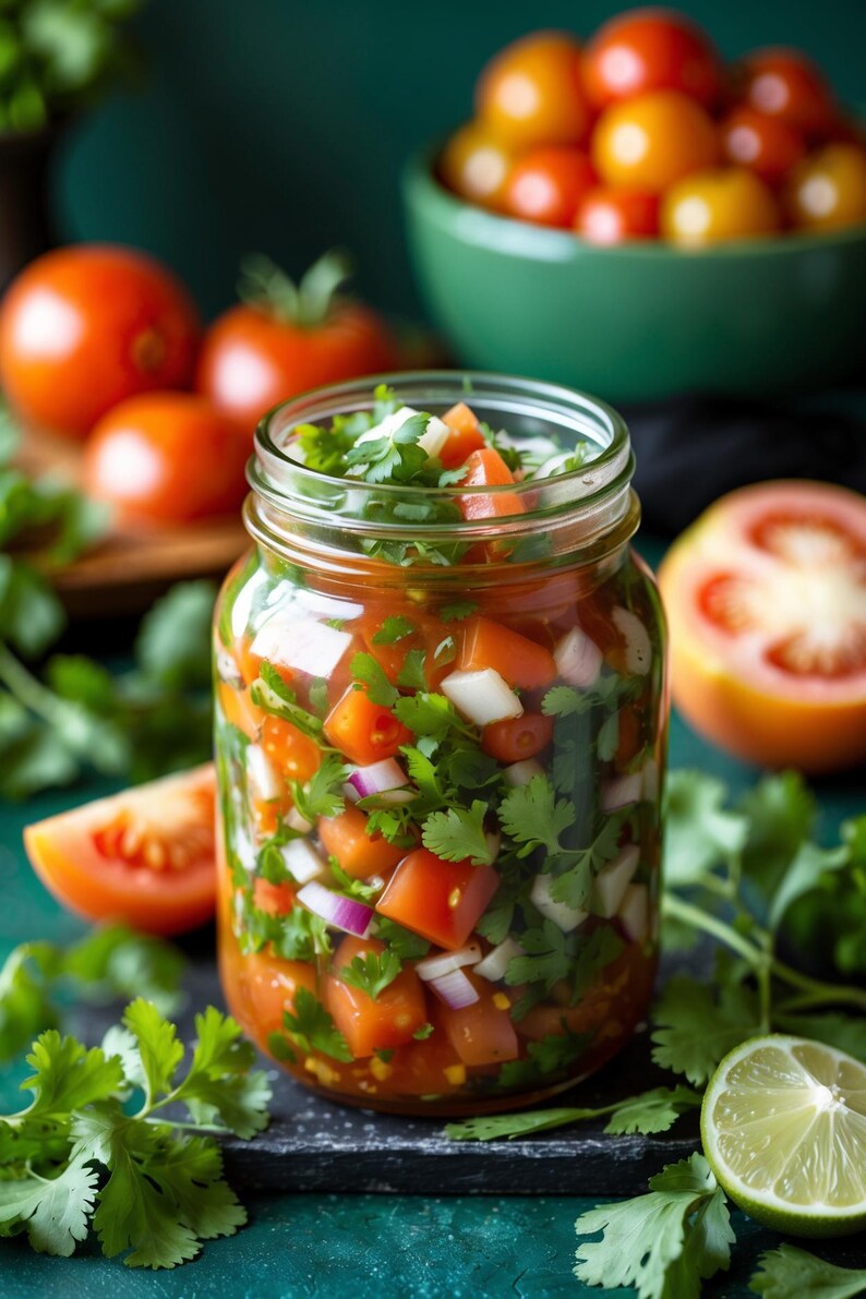 K&ouml;nnte beinhalten: Ein Glas mit frischer Salsa, gef&uuml;llt mit gew&uuml;rfelten Tomaten, roten Zwiebeln und Koriander. Ganze Tomaten und eine Sch&uuml;ssel mit Kirschtomaten sind im Hintergrund. Eine Limettenspalte und Tomatenscheiben sind ebenfalls zu sehen.
