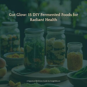 K&ouml;nnte beinhalten: Auf einem Holztisch stehen mehrere Gl&auml;ser mit bunten fermentierten Lebensmitteln. Die Gl&auml;ser enthalten Gem&uuml;se und Obst, mit dem Text "Gut Glow: 15 DIY Fermented Foods for Radiant Health" und "A Signature Wellness Guide by InsightBloom".