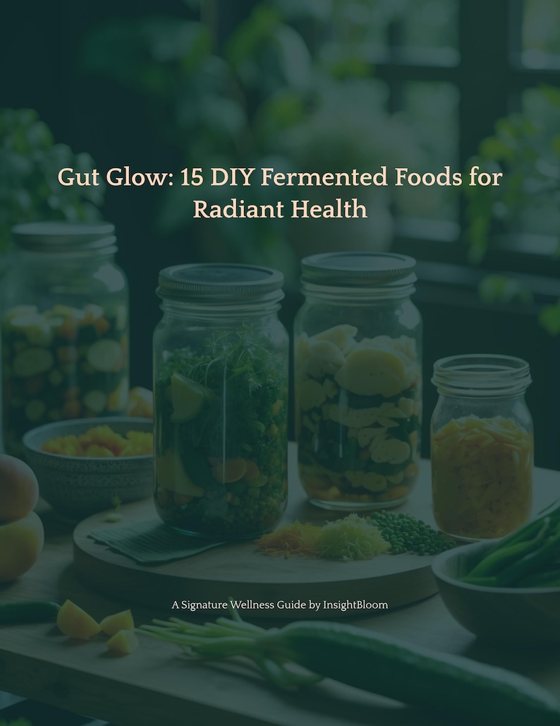 K&ouml;nnte beinhalten: Auf einem Holztisch stehen mehrere Gl&auml;ser mit bunten fermentierten Lebensmitteln. Die Gl&auml;ser enthalten Gem&uuml;se und Obst, mit dem Text "Gut Glow: 15 DIY Fermented Foods for Radiant Health" und "A Signature Wellness Guide by InsightBloom".