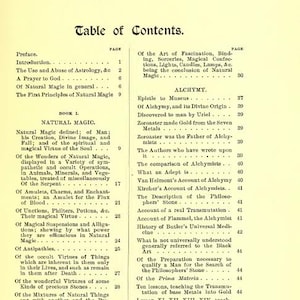 May include: A vintage book page with a table of contents, featuring titles like "Natural Magic" and "Alchymy." The text is in black font on a cream-colored background, with page numbers and section headings.