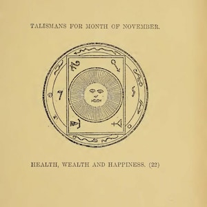 May include: A page from a book titled "Imperial Ritual of Magic" with text and an illustration. The illustration is a circular design with a sun-like face in the center, surrounded by symbols and the text "TALISMANS FOR MONTH OF NOVEMBER."