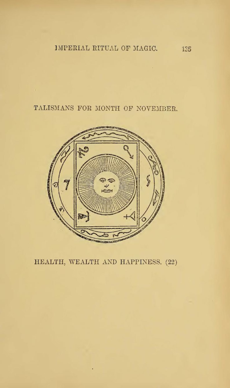 May include: A page from a book titled "Imperial Ritual of Magic" with text and an illustration. The illustration is a circular design with a sun-like face in the center, surrounded by symbols and the text "TALISMANS FOR MONTH OF NOVEMBER."