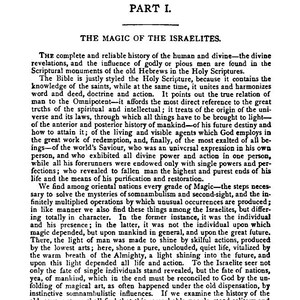 May include: A vintage book page with the title "THE MAGIC OF THE ISRAELITES" and text in a serif font. The page is from a book, with the text arranged in columns. The text is in black ink on aged, cream-colored paper.