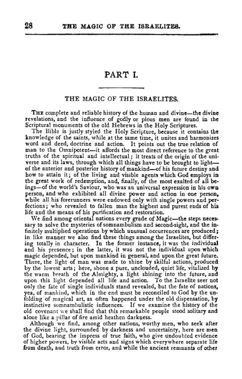 May include: A vintage book page with the title "THE MAGIC OF THE ISRAELITES" and text in a serif font. The page is from a book, with the text arranged in columns. The text is in black ink on aged, cream-colored paper.