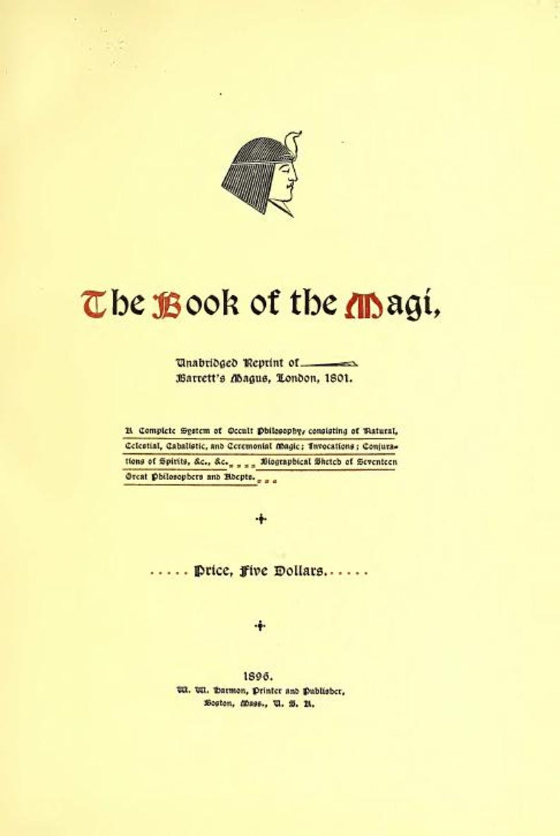 May include: Antique book cover titled "The Book of the Magi" with ornate red and black lettering. Features an illustration of a pharaoh's head. Includes text about occult philosophy and a price of five dollars.