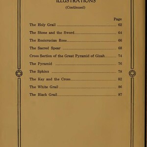 May include: A book page titled "Illustrations (Continued)" with a list of topics such as "The Holy Grail" and "The Sphinx." The page has a decorative border with geometric shapes. The text is in black on a tan background.