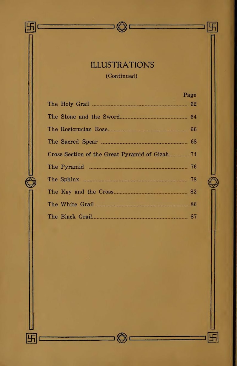 May include: A book page titled "Illustrations (Continued)" with a list of topics such as "The Holy Grail" and "The Sphinx." The page has a decorative border with geometric shapes. The text is in black on a tan background.
