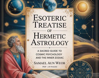 May include: An illustrated book cover with the title "Esoteric Treatise of Hermetic Astrology." The cover features a celestial background with astrological symbols, a portrait of a robed figure, and open book. The text reads "A Sacred Guide to Cosmic Psychology and the Inner Zodiac."