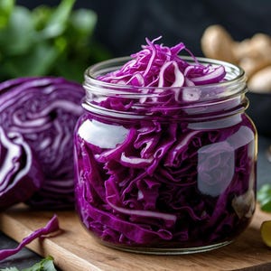 K&ouml;nnte beinhalten: Ein Glas mit leuchtend violett zerkleinertem Rotkohl, daneben ein halber Kopf Kohl. Frischer Ingwer und Gr&uuml;nzeug sind im Hintergrund. Das Bild zeigt Zutaten f&uuml;r eine gesunde Mahlzeit oder ein Fermentationsprojekt.