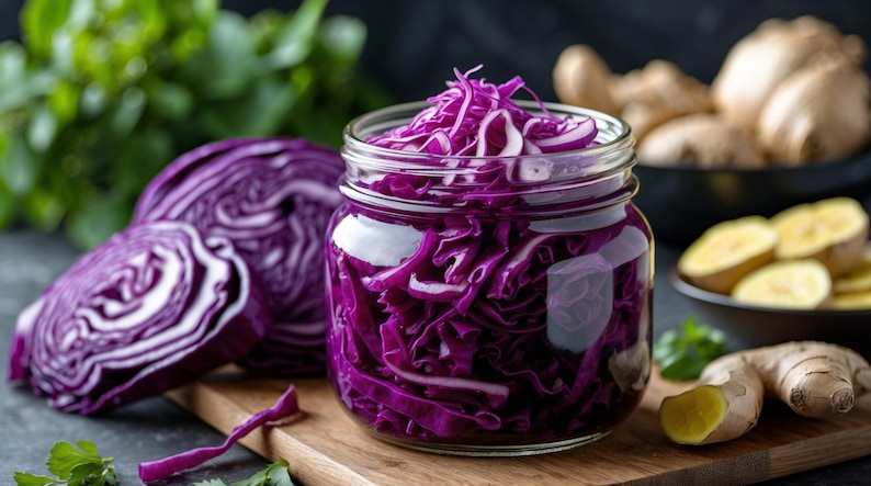 K&ouml;nnte beinhalten: Ein Glas mit leuchtend violett zerkleinertem Rotkohl, daneben ein halber Kopf Kohl. Frischer Ingwer und Gr&uuml;nzeug sind im Hintergrund. Das Bild zeigt Zutaten f&uuml;r eine gesunde Mahlzeit oder ein Fermentationsprojekt.