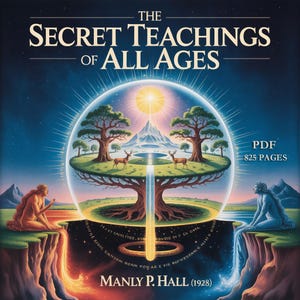 May include: Book cover art for "The Secret Teachings of All Ages" by Manly P. Hall. The image features a celestial sphere with a landscape, trees, deer, and figures. Text includes the title, author, and "PDF 825 PAGES."
