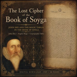 May include: A digital download PDF titled The Lost Cipher of the Book of Soyga, featuring a portrait of John Dee, a geometric diagram with letters, and a page of cryptographic tables. The document contains 26 pages of historical text.