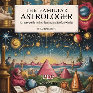 May include: A vintage-style book cover titled "THE FAMILIAR ASTROLOGER" with the subtitle "An easy guide to fate, destiny, and foreknowledge" by Raphael (1841). The cover features a detailed illustration with pyramids, celestial bodies, and figures. The book is a PDF with 735 pages.