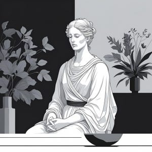 May include: A grayscale illustration of a seated figure in classical attire, with closed eyes and clasped hands. The figure is set against a backdrop of a black and white background with potted plants. The artwork evokes a sense of serenity and classical art.
