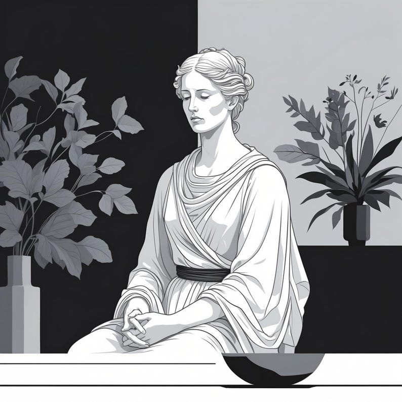 May include: A grayscale illustration of a seated figure in classical attire, with closed eyes and clasped hands. The figure is set against a backdrop of a black and white background with potted plants. The artwork evokes a sense of serenity and classical art.