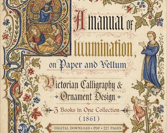 Manual de iluminación sobre papel y vitela, guía victoriana, libro de caligrafía y dorado, PNG + PDF