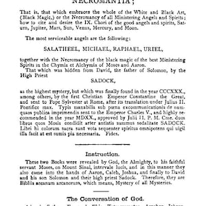 May include: A page from "The Sixth Book of Moses" featuring text in a serif font. The title "MAGIA ALBA ET NIGRA UNIVERSALIS SEU NECROMANTIA" is prominent. The text describes angels, magic, and instructions.