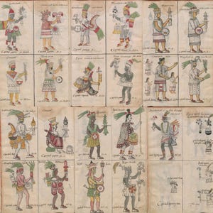 Puede incluir: Una colección de ilustraciones coloridas que representan figuras con vestimenta tradicional, posiblemente de una civilización antigua. Cada figura sostiene varios objetos y está acompañada de texto manuscrito. La obra de arte está sobre papel envejecido, lo que sugiere importancia histórica.