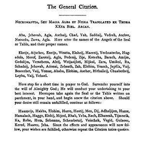 May include: A page from "The Seventh Book of Moses" with text in English and Latin. The text is a guide to "The General Citation" with a list of names and instructions for prayer and rituals.