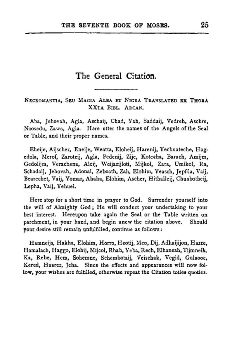 May include: A page from "The Seventh Book of Moses" with text in English and Latin. The text is a guide to "The General Citation" with a list of names and instructions for prayer and rituals.