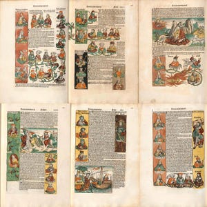 May include: A collection of antique book pages with colorful illustrations and text. The pages feature various scenes, including figures in historical attire, decorative borders, and detailed drawings. The overall aesthetic is reminiscent of early printed books.