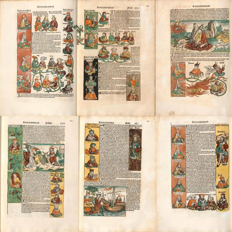 May include: A collection of antique book pages with colorful illustrations and text. The pages feature various scenes, including figures in historical attire, decorative borders, and detailed drawings. The overall aesthetic is reminiscent of early printed books.