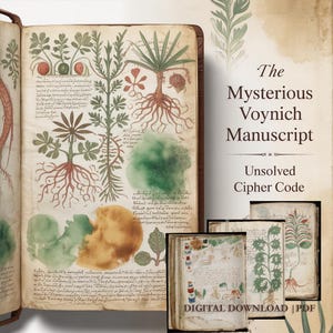 May include: An open book with botanical illustrations and handwritten text. The pages feature drawings of plants with roots, leaves, and fruits in shades of green, red, and brown. The text "The Mysterious Voynich Manuscript" is displayed.