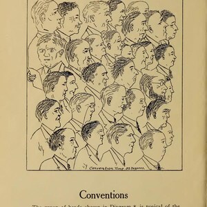 May include: A black and white illustration from a vintage book page, depicting numerous men's profiles. The word "Chicago" is at the top, with "Convention Time 32 Degrees" at the bottom. The page also includes text about conventions.