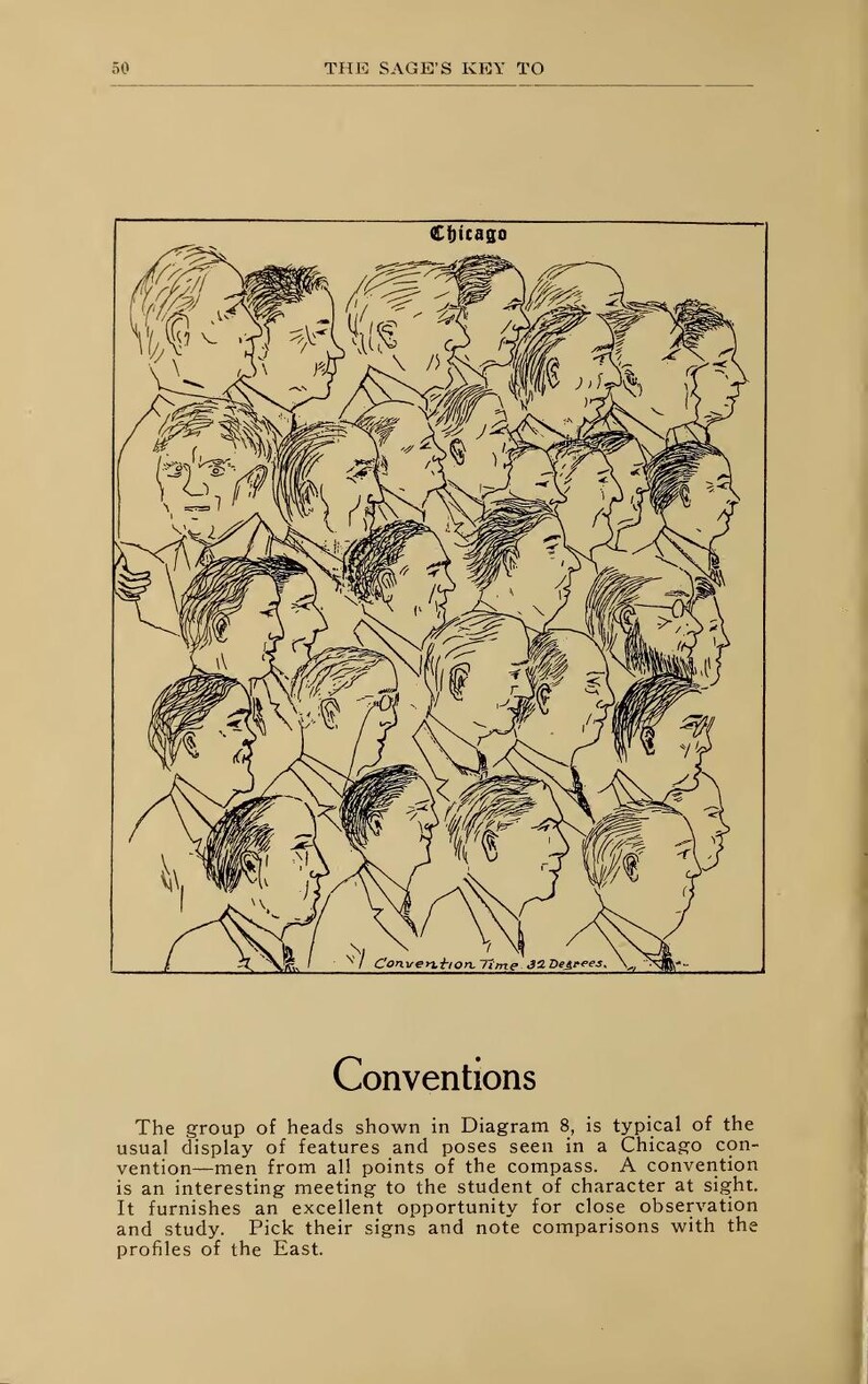 May include: A black and white illustration from a vintage book page, depicting numerous men's profiles. The word "Chicago" is at the top, with "Convention Time 32 Degrees" at the bottom. The page also includes text about conventions.