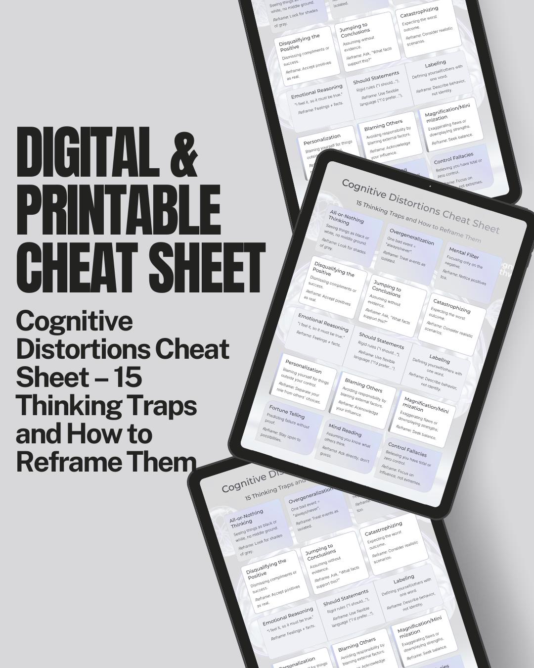 Cognitive Distortions Cheat Sheet: Thinking Traps & Reframes (PDF ...