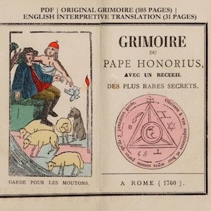 Puede incluir: Una portada de libro vintage con el título "GRIMOIRE DU PAPE HONORIUS" e ilustraciones. La portada presenta figuras, ovejas y un perro, con texto en inglés y francés. El libro es de 1760.