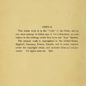 May include: A vintage page with the heading "NOTICE" and text discussing copyright information. The text states the work is in the "Code" of the Order and copyrighted in the United States, England, Germany, France, and Canada. The year 1910 is also visible.