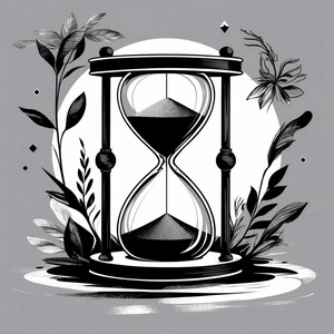 May include: Black and white illustration of an hourglass, a symbol of time. The hourglass is surrounded by stylized leaves and a white circle on a gray background. The design is minimalist and elegant.