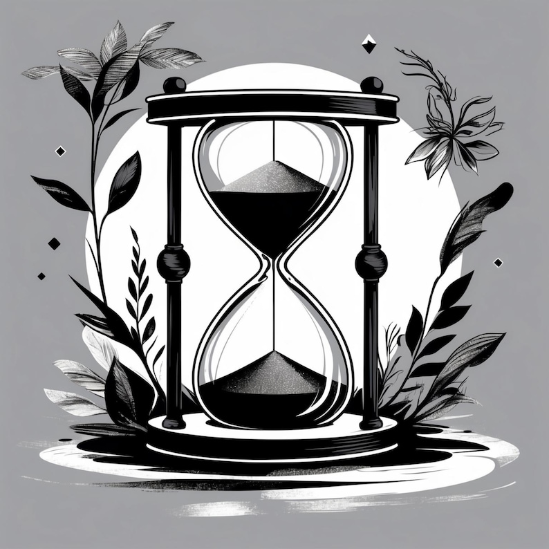May include: Black and white illustration of an hourglass, a symbol of time. The hourglass is surrounded by stylized leaves and a white circle on a gray background. The design is minimalist and elegant.