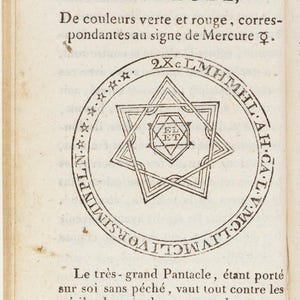 May include: An antique book page featuring a detailed illustration of a pentacle, with text in French. The pentacle is a star within a circle, with additional symbols and text. The page is aged with a yellowed tone.