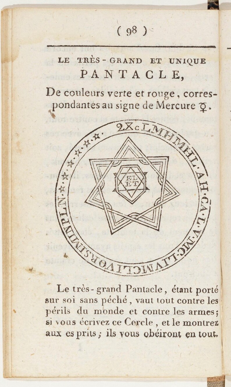 May include: An antique book page featuring a detailed illustration of a pentacle, with text in French. The pentacle is a star within a circle, with additional symbols and text. The page is aged with a yellowed tone.