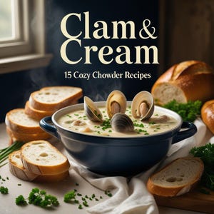 Puede incluir: Un cuenco de cremosa sopa de almejas adornada con almejas y hierbas, rodeado de rebanadas de pan tostado. La imagen presenta el texto "Clam & Cream" y "15 Cozy Chowder Recipes" en un ambiente acogedor.