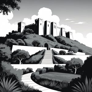 May include: Black and white illustration of a castle atop a hill, surrounded by trees and a winding path. The castle has multiple towers and a long wall. The sky is filled with clouds, creating a dramatic landscape.