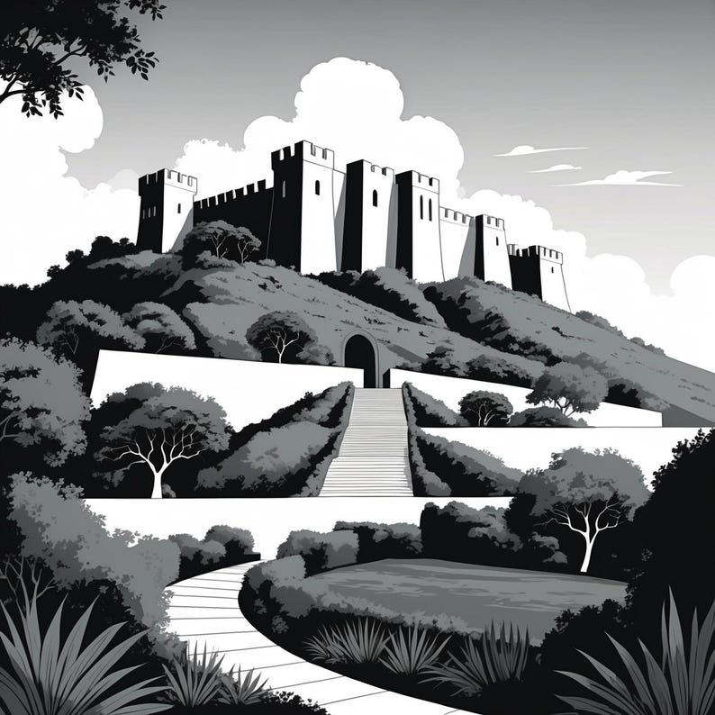 May include: Black and white illustration of a castle atop a hill, surrounded by trees and a winding path. The castle has multiple towers and a long wall. The sky is filled with clouds, creating a dramatic landscape.