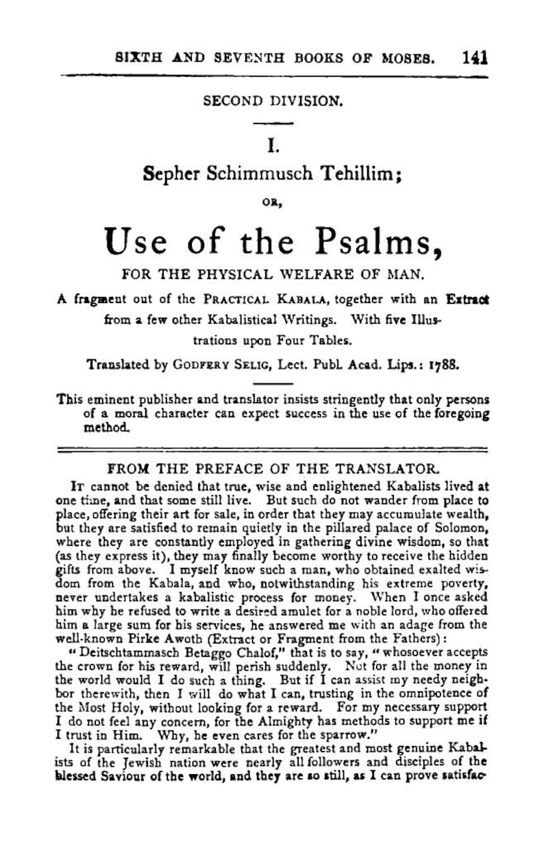 May include: A vintage book page with the title "Use of the Psalms" and text about Kabalistical writings. The page is from the "Sixth and Seventh Books of Moses" and includes the translator's preface.