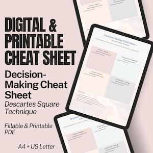 Może przedstawiać: Cyfrowa i drukowana karta oszustw do podejmowania decyzji przy użyciu techniki kwadratu Kartezjusza. Obraz przedstawia wypełnialny plik PDF na tablecie, z różowym tłem i tekstem "DIGITAL & PRINTABLE CHEAT SHEET". Plik PDF jest dostępny w formatach A4 i US Letter.