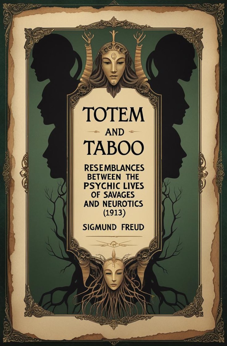 May include: A vintage book cover for "Totem and Taboo" by Sigmund Freud. The design includes a central decorative frame with the title and author's name, framed by silhouetted faces and a stylized face with a headdress.
